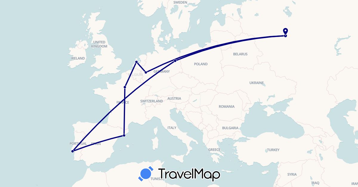 TravelMap itinerary: driving in Germany, Spain, France, Netherlands, Portugal, Russia (Europe)